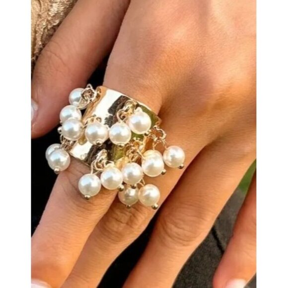 Adjustable Band Gold Plated Pearl Dangle Elegant Statement Ring - Picture 1 of 7